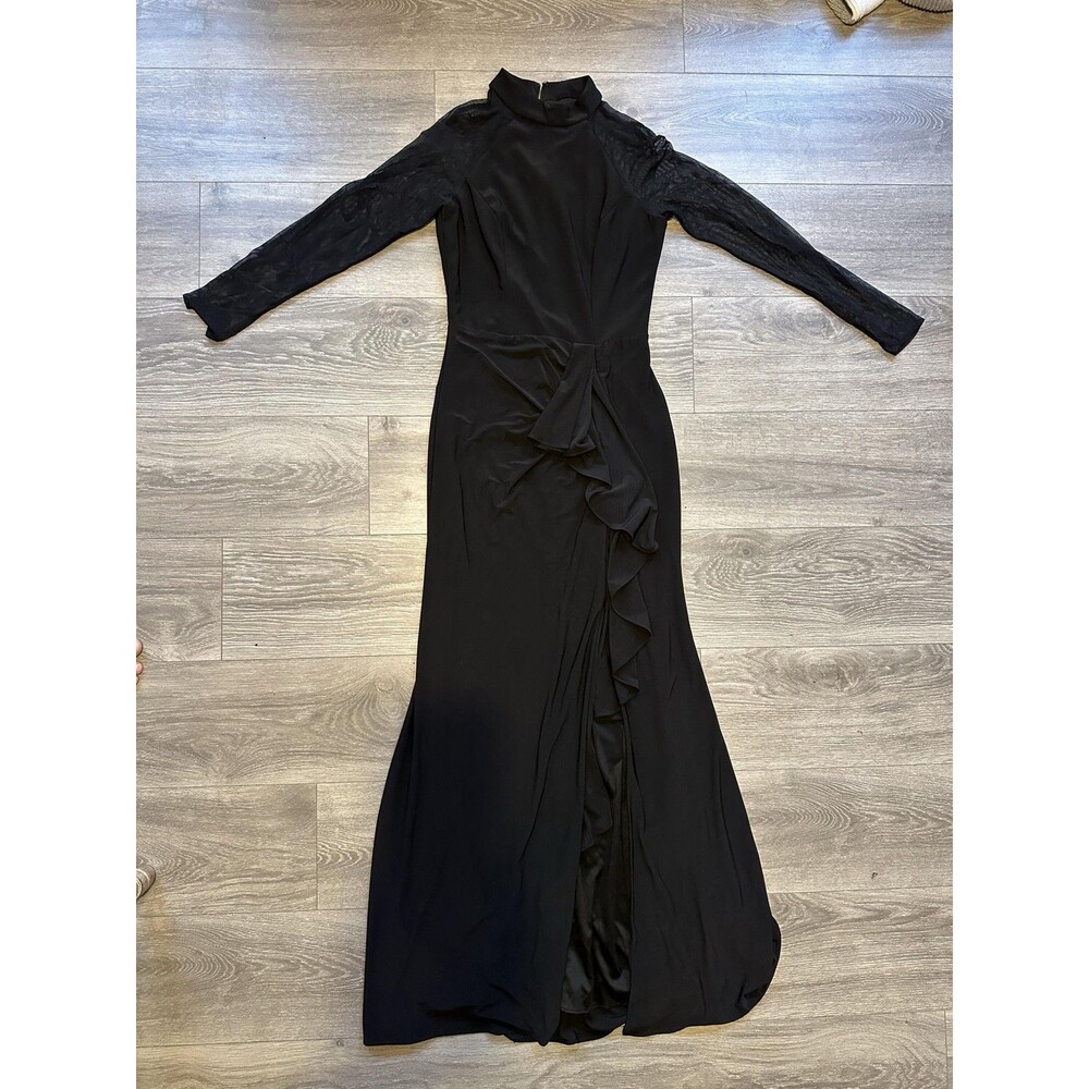 Betsy & Adam Dress Womens 6 Black Long Sleeve Mock Neck Ruffle Maxi Formal